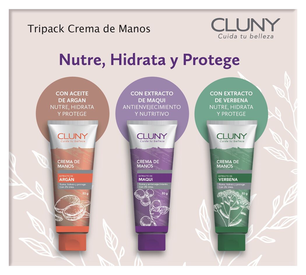 Pack Cluny Crema de Manos Argan 80g + Crema de Mano Maqui 80g + Crema de Manos Verbena 80g