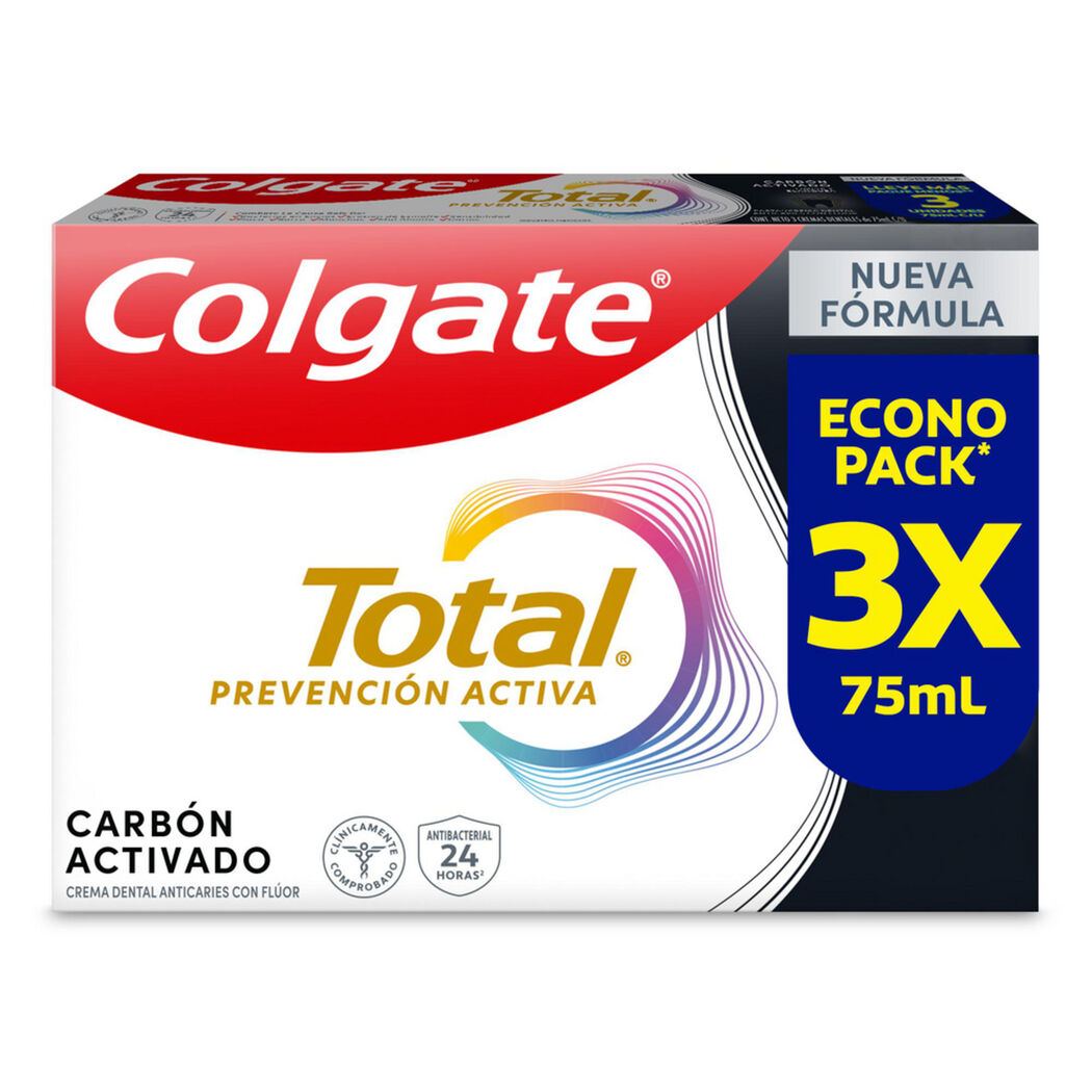 Pasta Dental Colgate Total Carbón Activado con Flúor 75ml 3 Unidades
