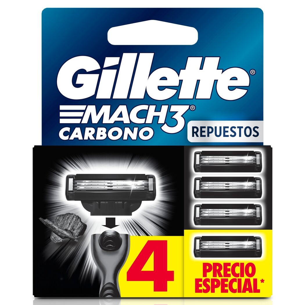 Gillette Mach3 Carbono Repuesto Máquina de Afeitar con Carbón 4 Unidades