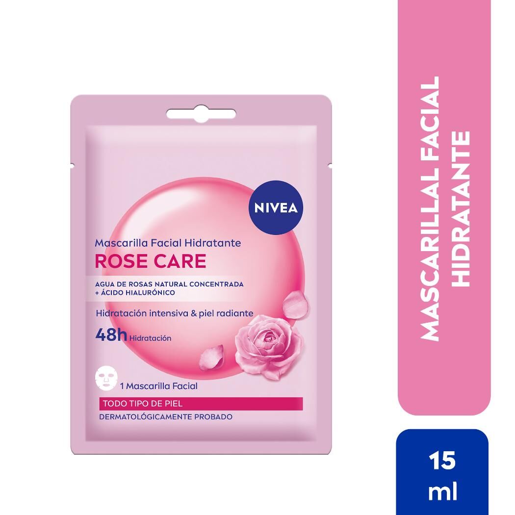 NIVEA Mascarilla Facial Rose Care Hidratante con Agua de Rosas Orgánica y Ácido Hialurónico 1 Unidad
