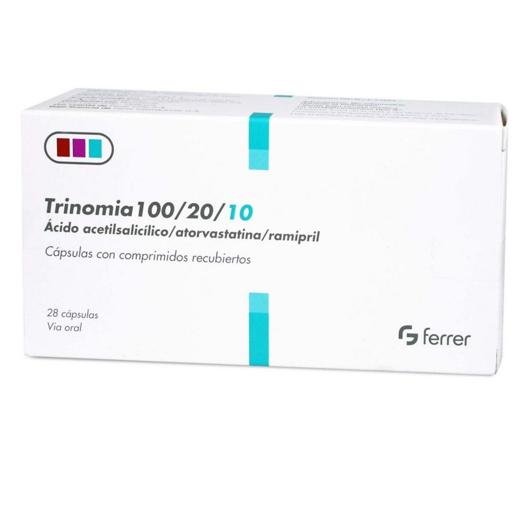 Trinomia 100mg/20mg/10mg Acido Acetilsalicilico / Atorvastatina / Ramipril 28 Cápsulas